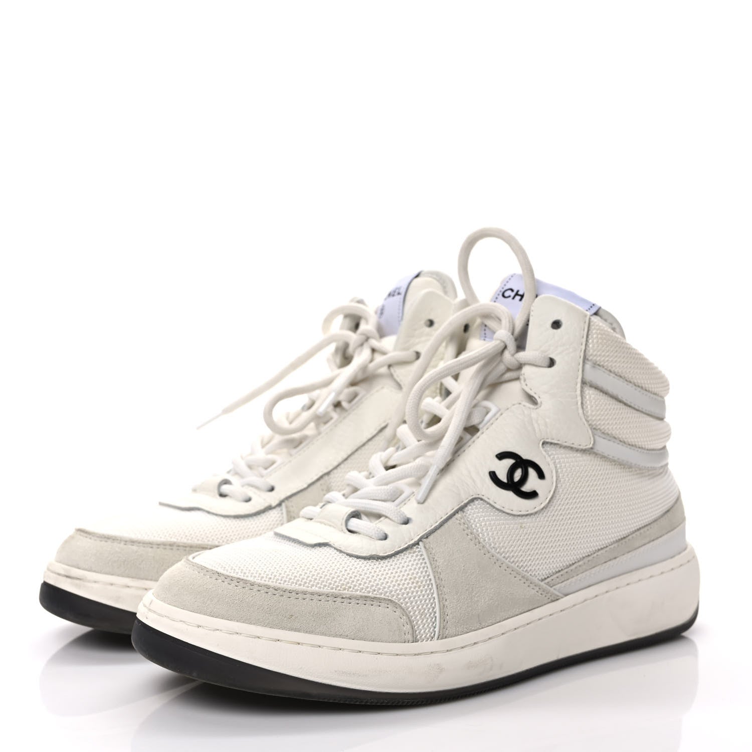 Chanel Suede Fabric Grained Calfskin Womens CC High Top Sneakers 39 White 3 of 9