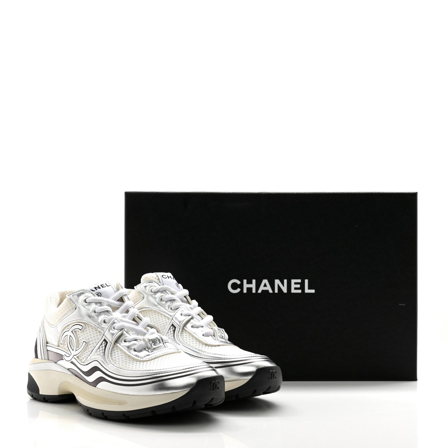 Fabric Laminated Calfskin Stretch CC Sneakers 36.5 White Silver
