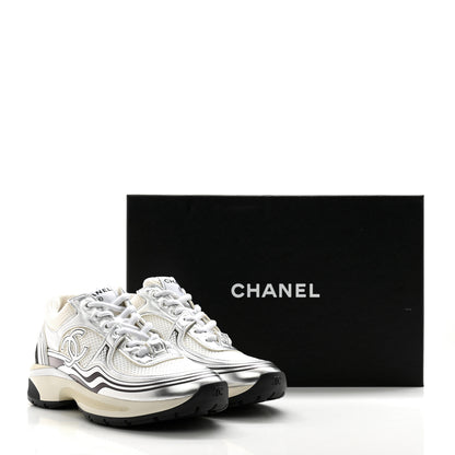 Chanel Fabric Laminated Calfskin Stretch CC Sneakers 36.5 White Silver 12 of 12