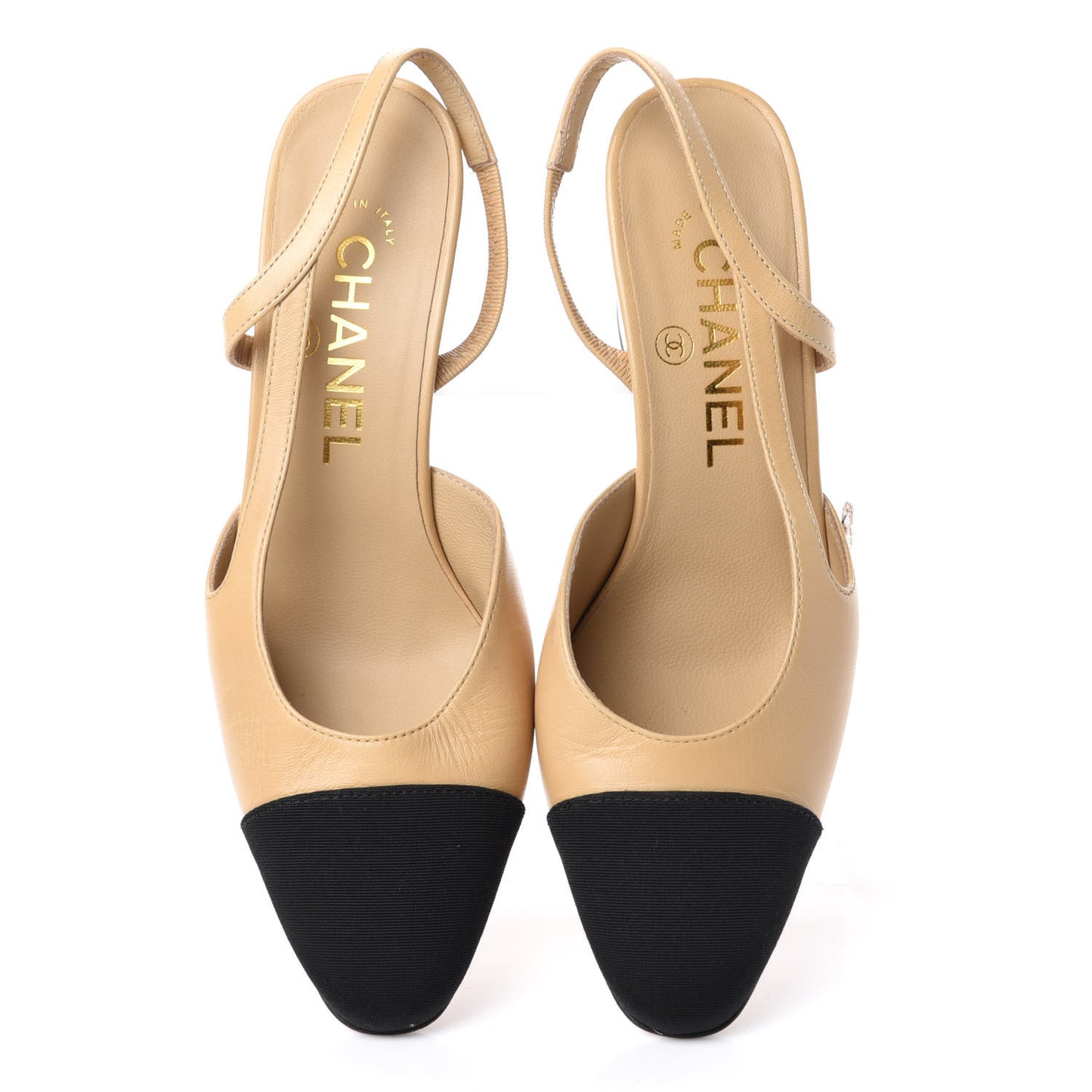Goatskin Grosgrain Cap Toe CC Slingback Pumps 35 Beige Black