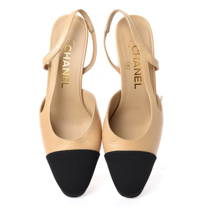 Chanel Goatskin Grosgrain Cap Toe CC Slingback Pumps 35 Beige Black 5 of 10