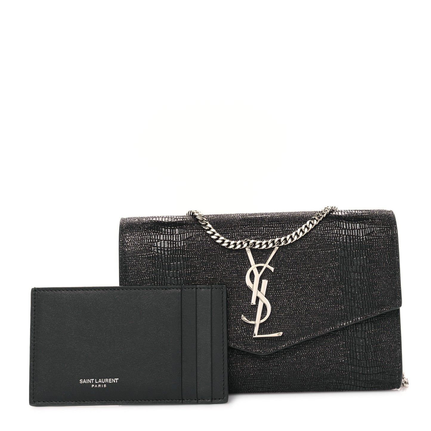 Calfskin Lizard Embossed Monogram Uptown Chain Wallet Black