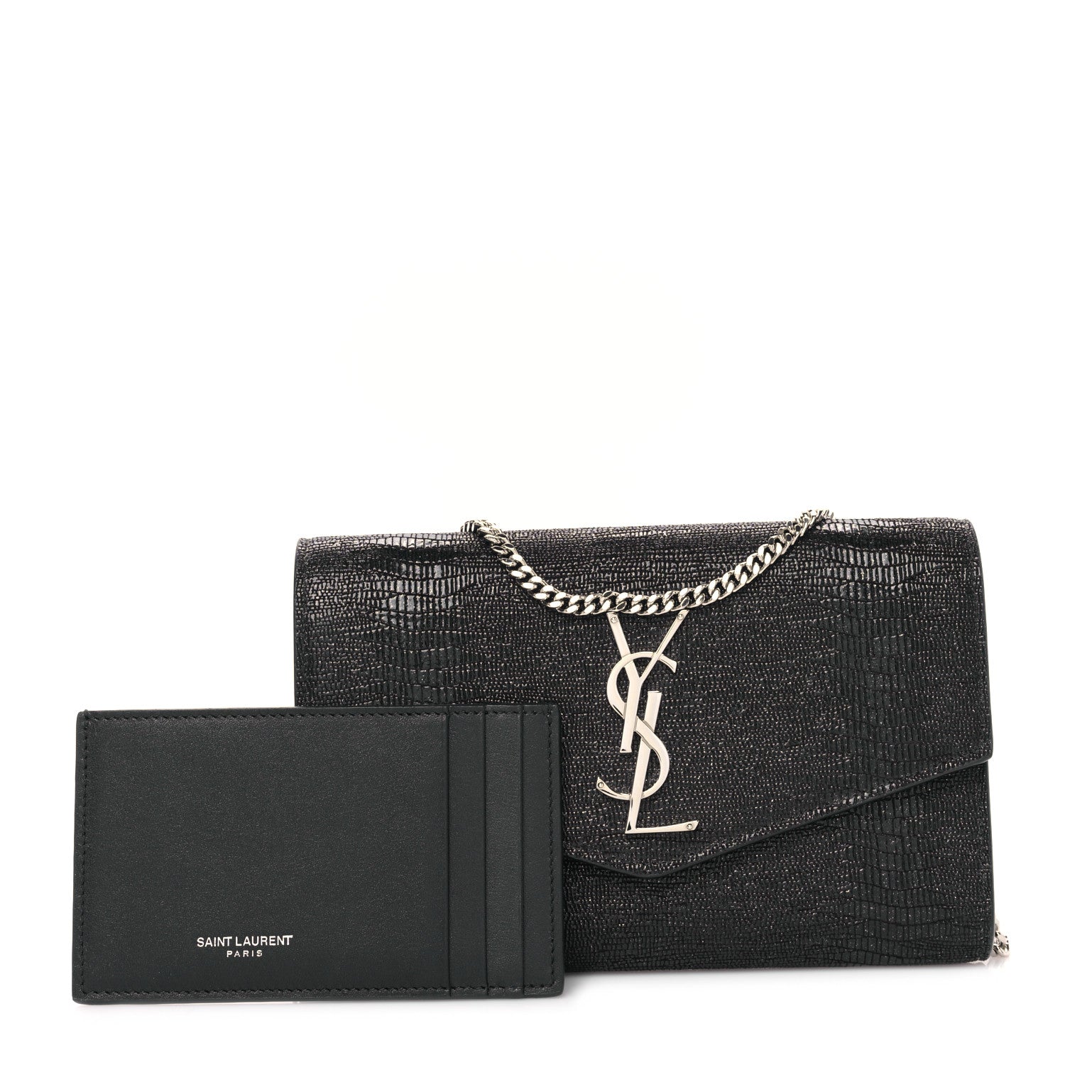 Saint Laurent Calfskin Lizard Embossed Monogram Uptown Chain Wallet Black 1 of 9