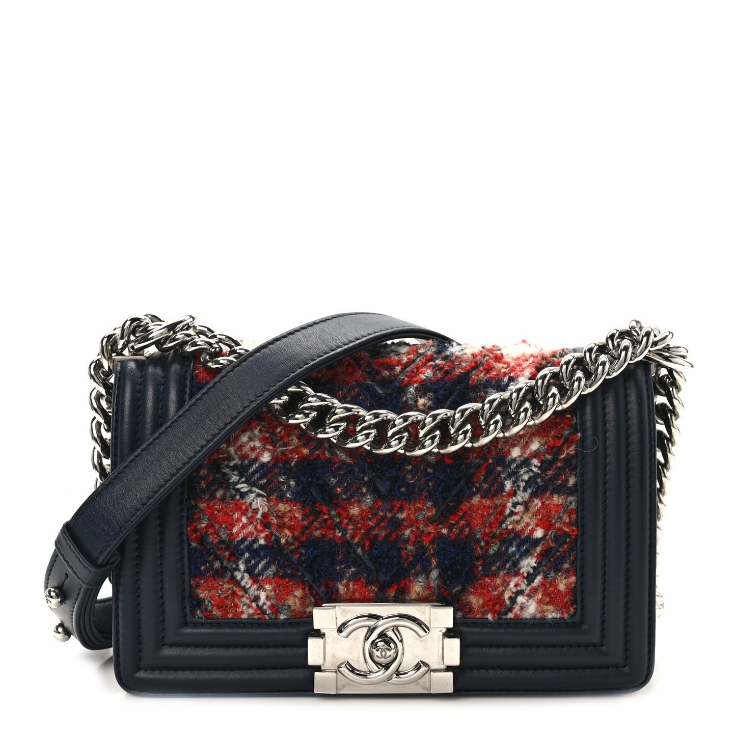 Lambskin Tweed Chevron Small Boy Flap Navy Blue