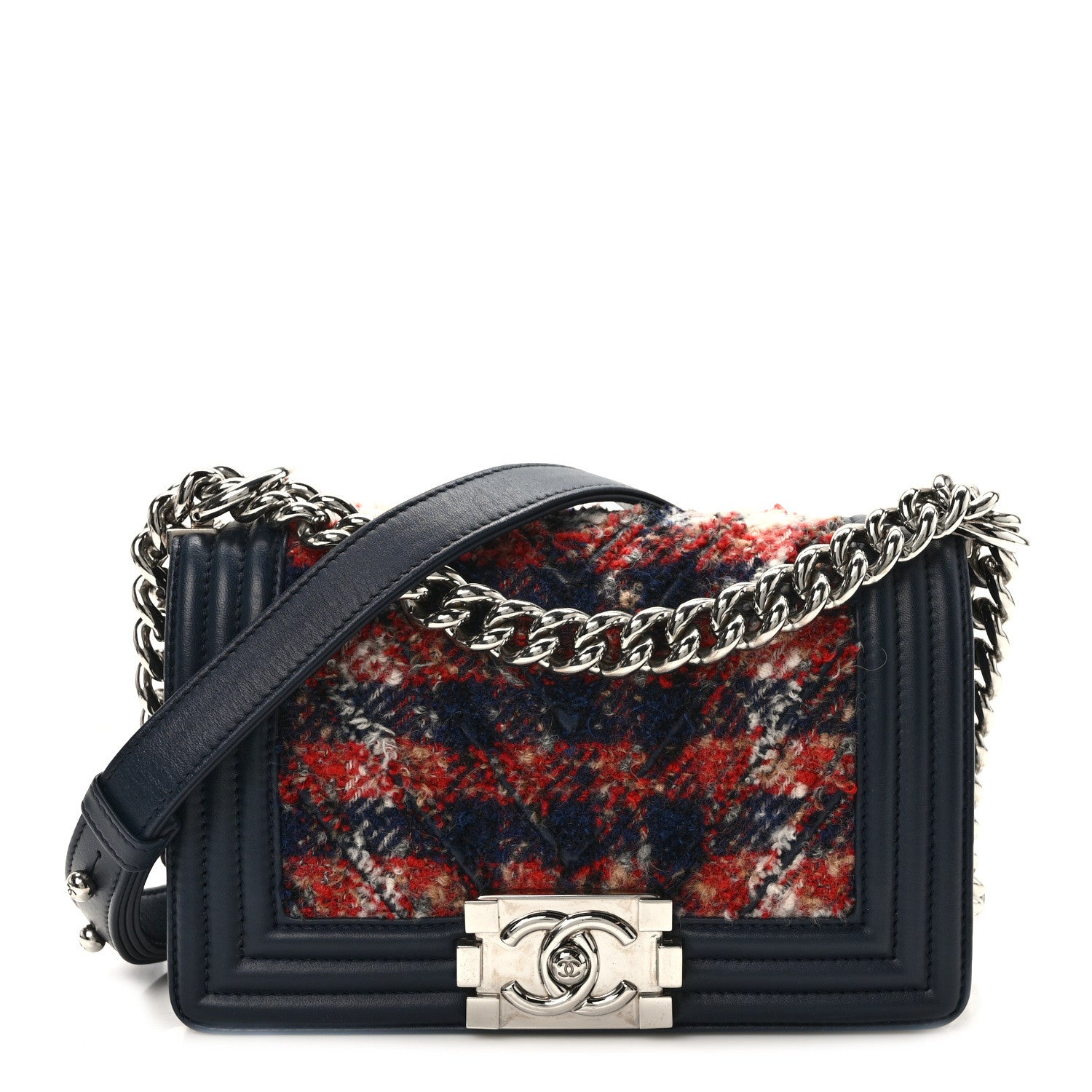 Chanel Lambskin Tweed Chevron Small Boy Flap Navy Blue 1 of 12