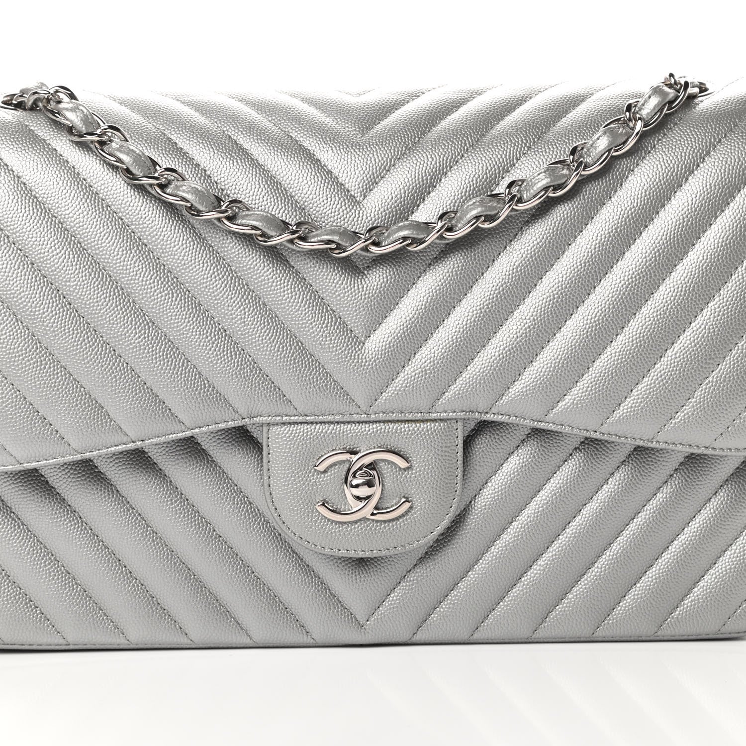 Chanel Metallic Caviar Chevron Quilted Jumbo Double Flap Silver 9 of 12