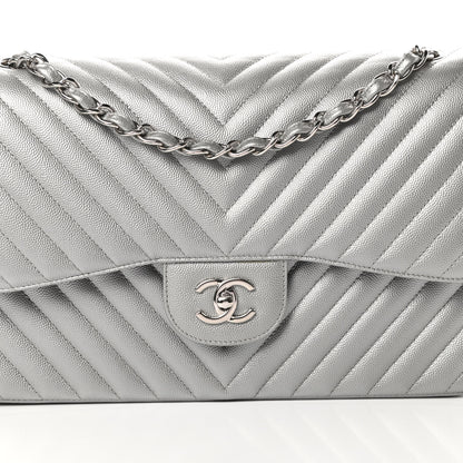 Chanel Metallic Caviar Chevron Quilted Jumbo Double Flap Silver 9 of 12