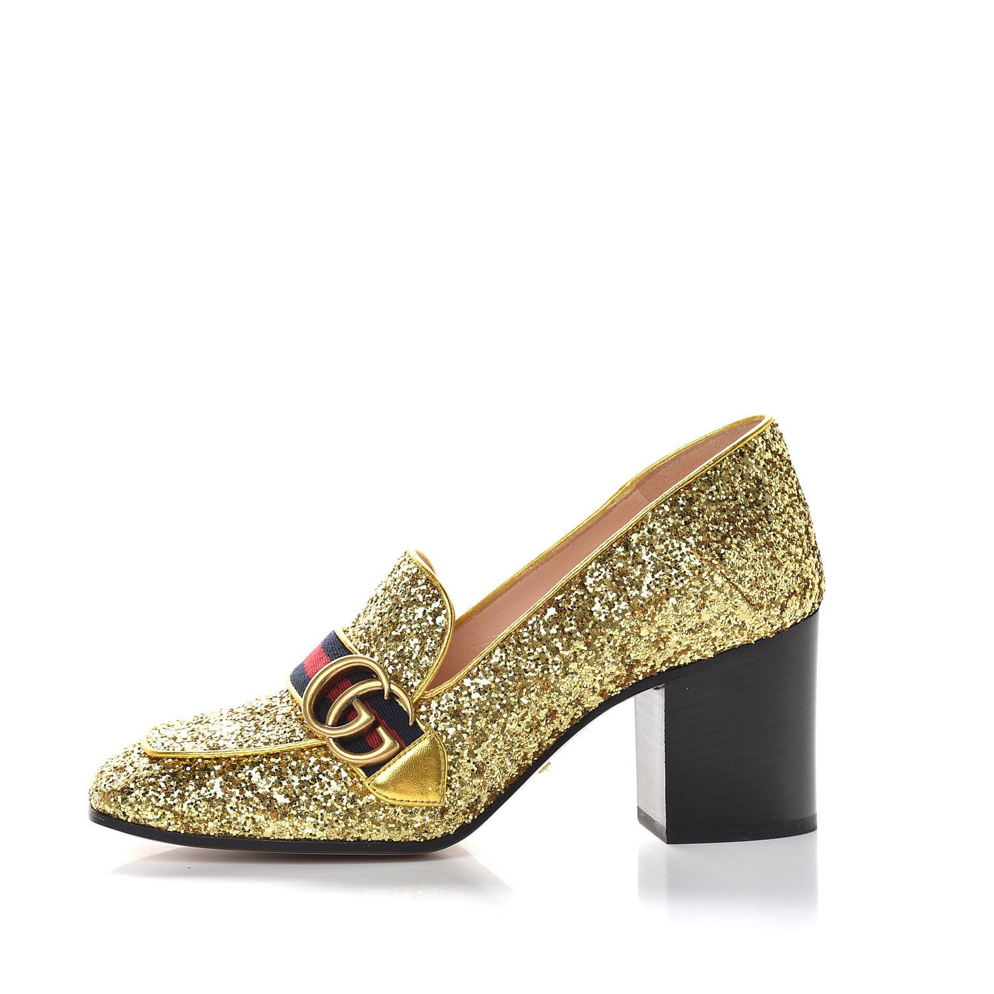 Glitter Nappa Web Peyton 75mm Loafer Pumps 38.5 Oro Vecchio