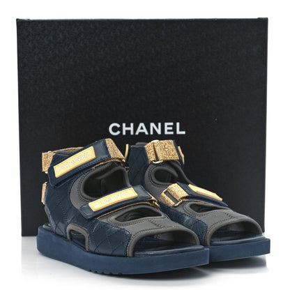 Chanel Goatskin Fabric TPU Gladiator Sandals 37 Navy Dark Grey Yellow 10 of 10