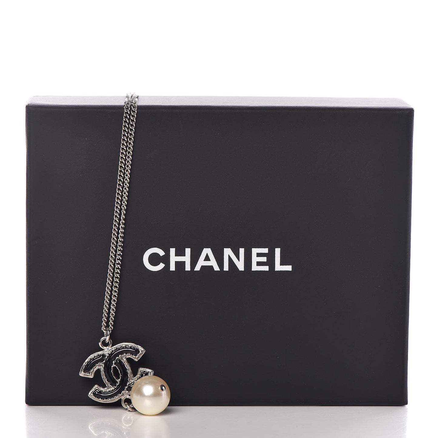 Enamel CC Pearl Drop Necklace Black Silver