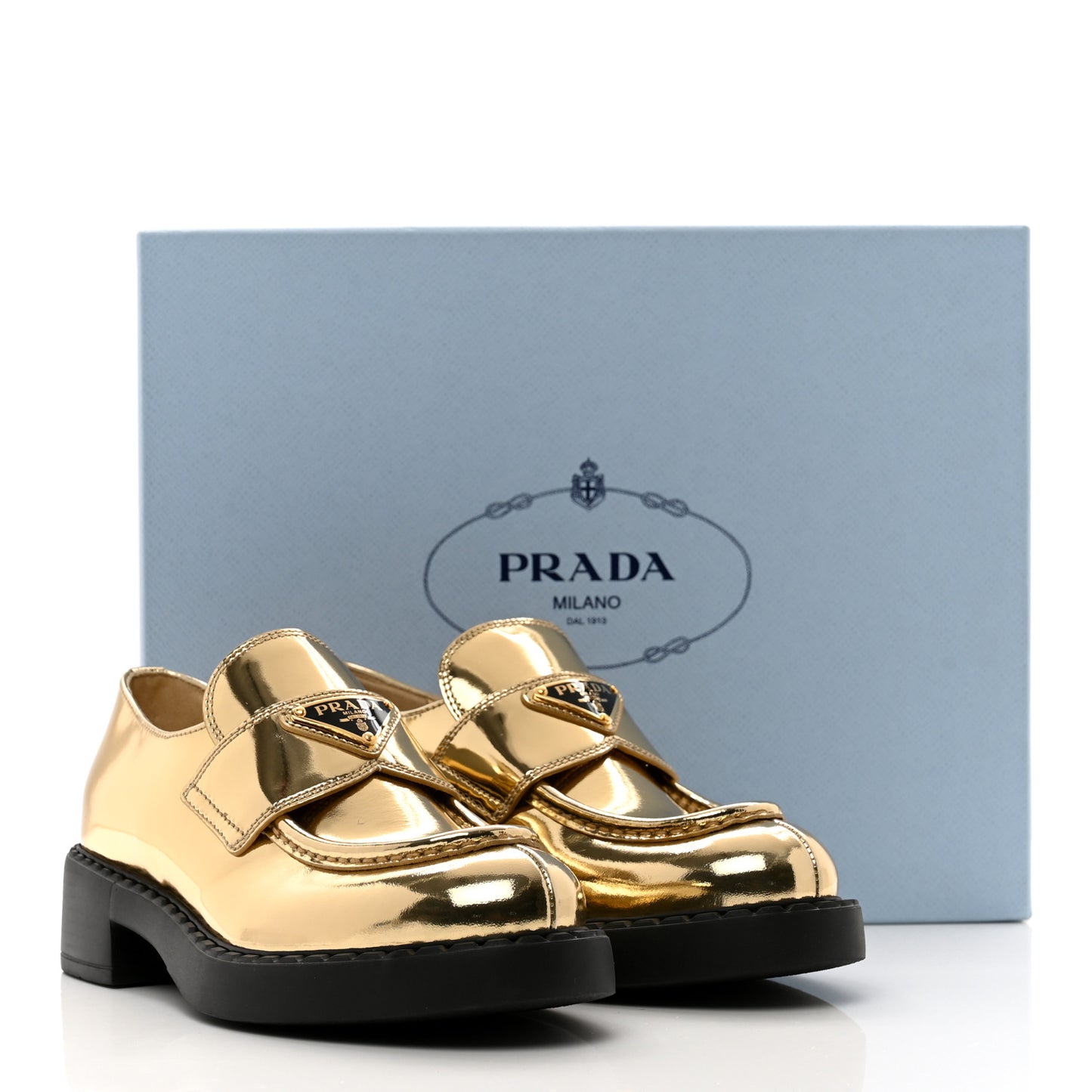 Metallic Brushed Calfskin Metal Triangle Logo 50mm Loafers 36.5 Platino