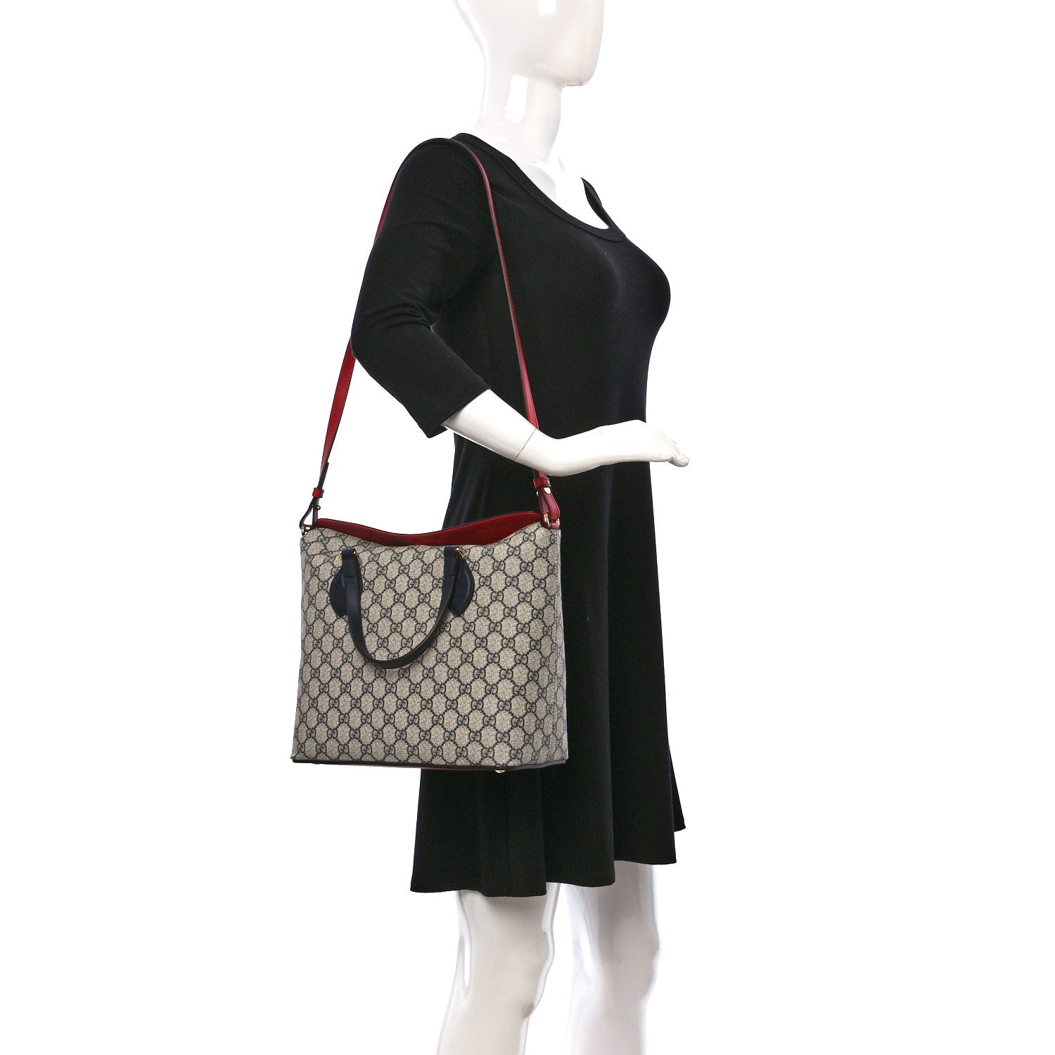 Gucci GG Supreme Monogram Linea A Foldover Tote Beige Blue Hibiscus Red 2 of 9