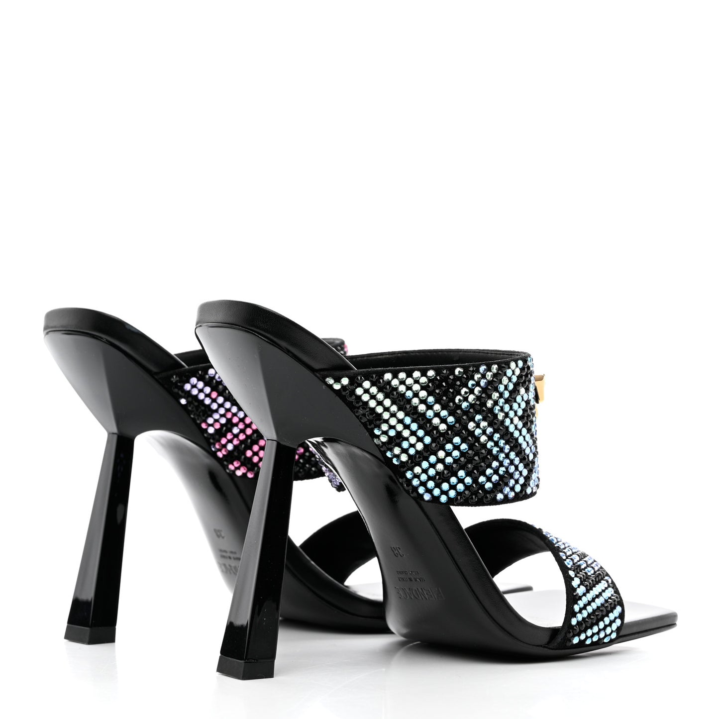 X FENDI Calfskin Crystal Fendace FF Medusa High Heel Mule Sandals 38 Black Multicolor