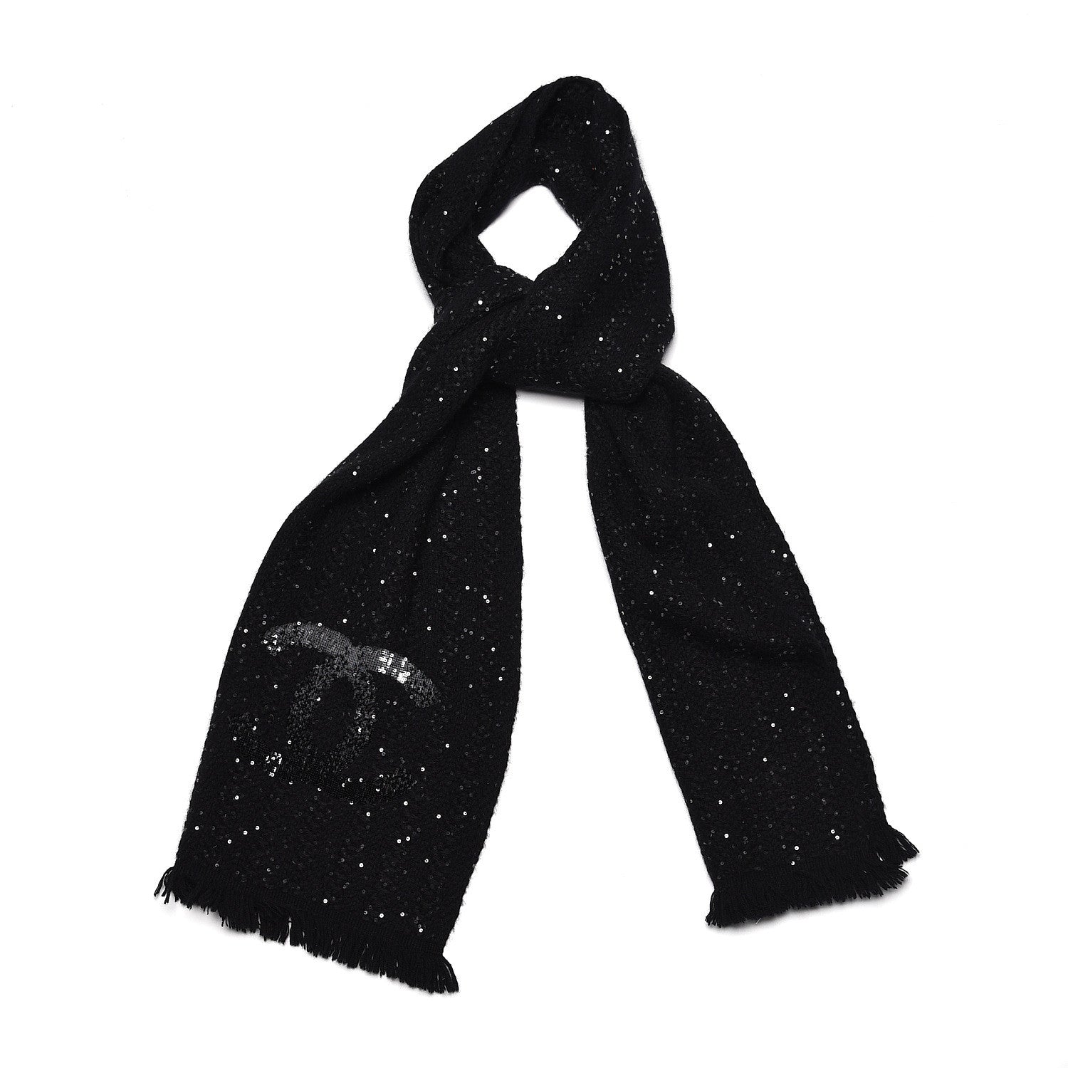 Chanel Cashmere Silk Sequin CC Scarf Black 1 of 7