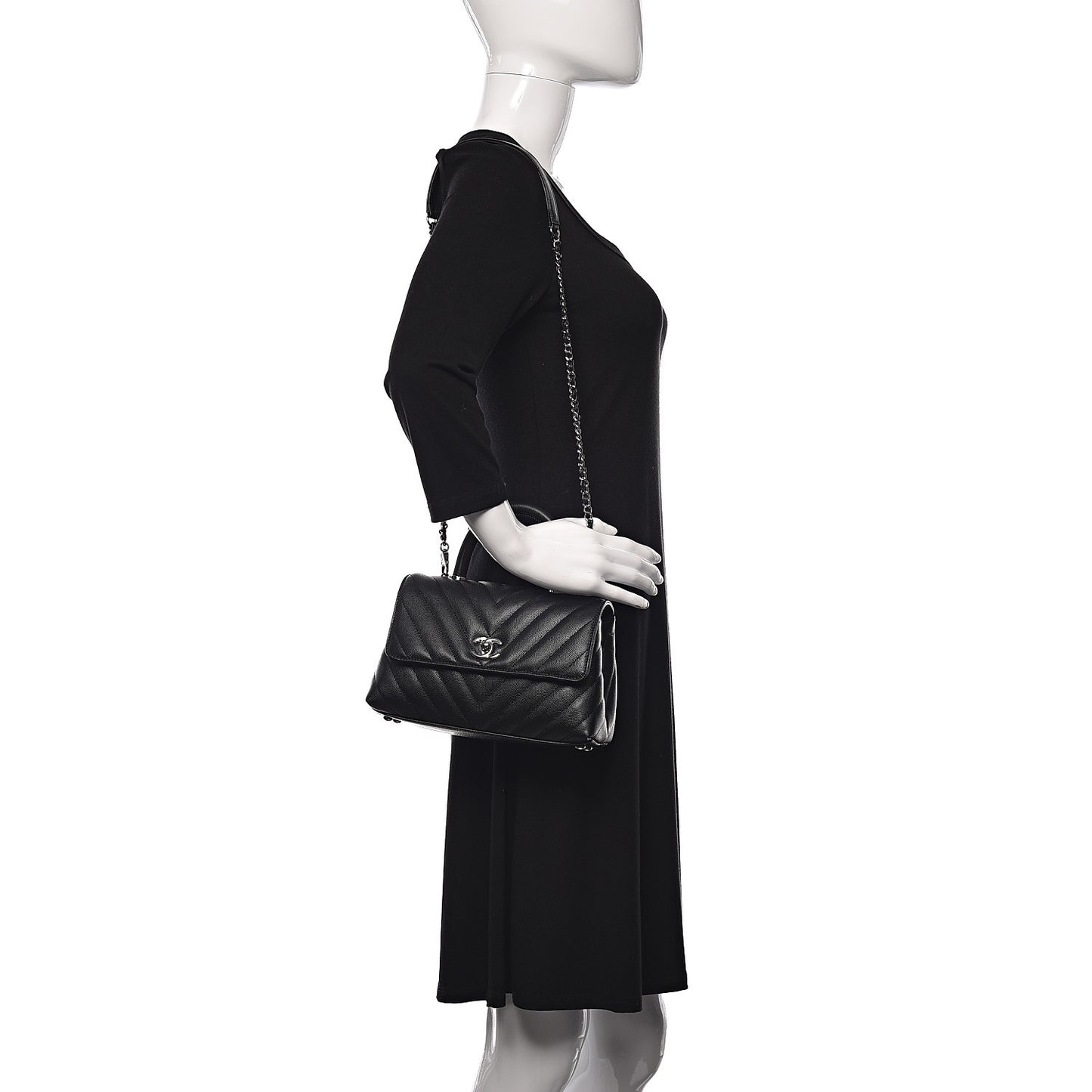Caviar Chevron Quilted Mini Coco Handle Flap Black
