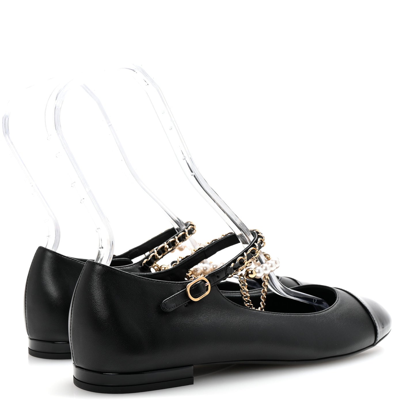 Shiny Lambskin Pearl Cap Toe Ankle Chain Ballerina Flats 41 Black