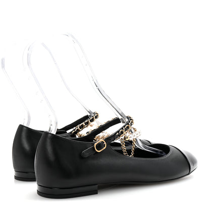 Chanel Shiny Lambskin Pearl Cap Toe Ankle Chain Ballerina Flats 41 Black 5 of 10