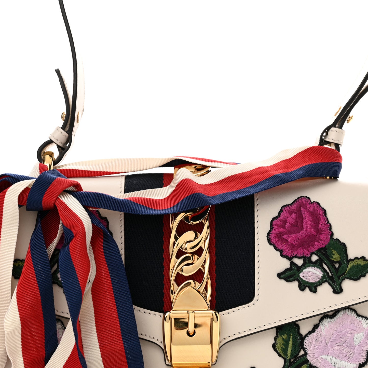 Calfskin Embroidered Small Sylvie Shoulder Bag White