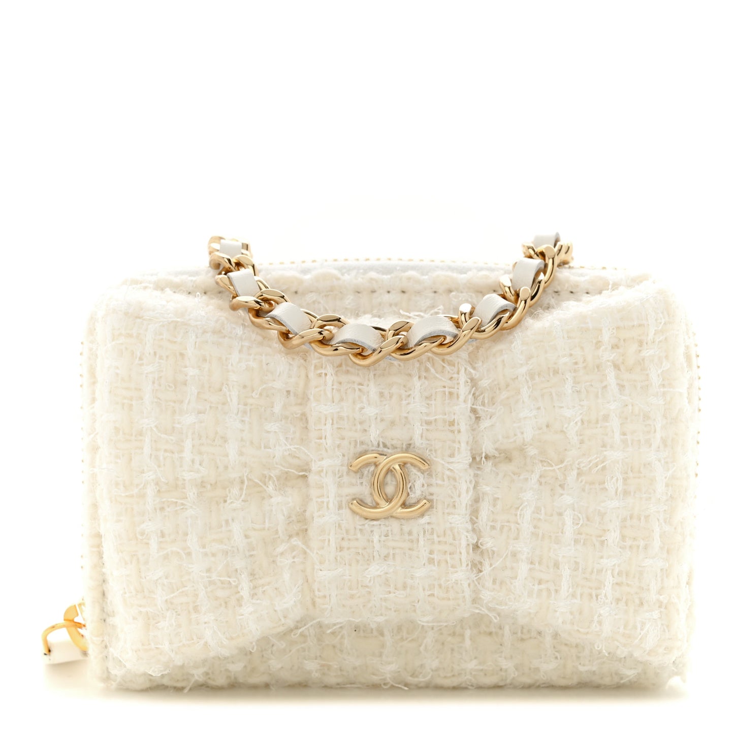 Tweed Quilted Bow Flap Card Holder On Chain White