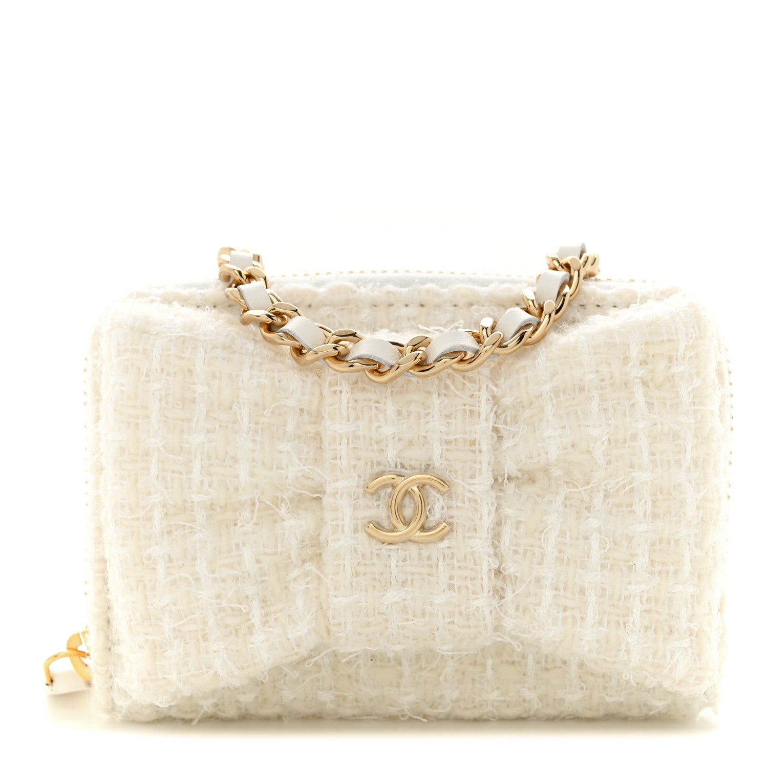 Chanel Tweed Quilted Bow Flap Card Holder On Chain White 1 of 13