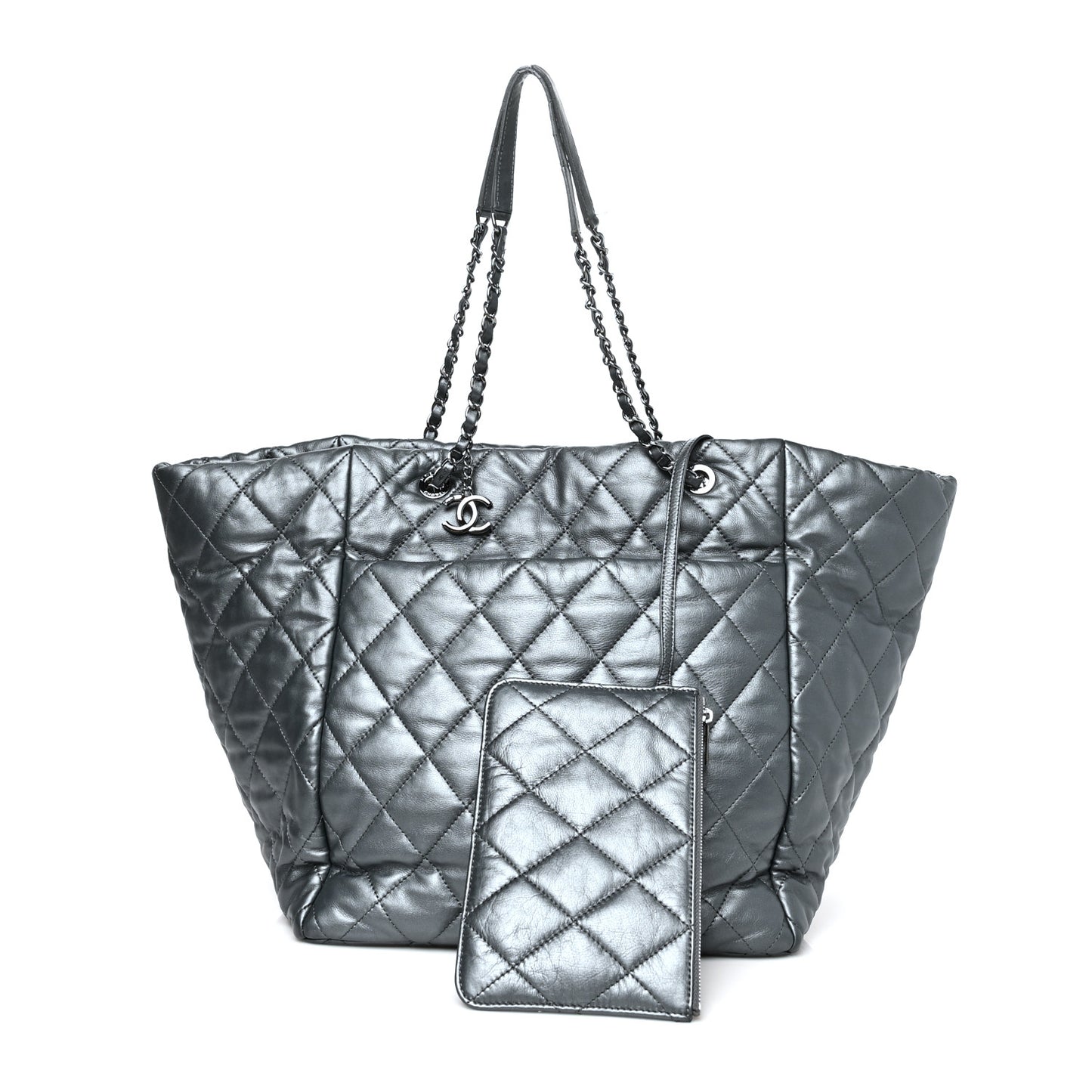 Metallic Lambskin Quilted Large Week End on Mars Tote Dark Grey