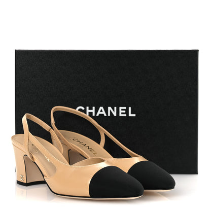 Chanel Goatskin Grosgrain Cap Toe CC Slingback Pumps 40 Beige Black 11 of 11