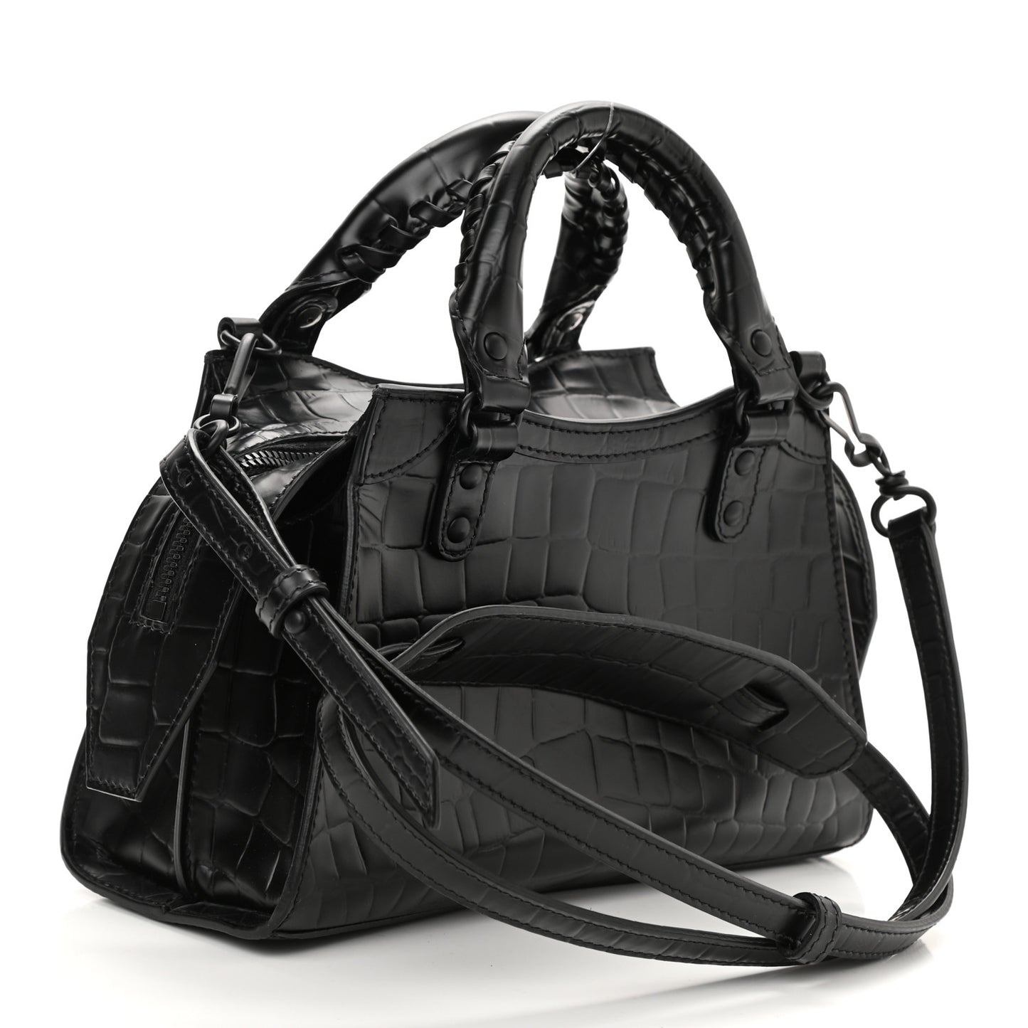Semi Shiny Calfskin Crocodile Embossed Neo Classic Black Hardware Mini City Black