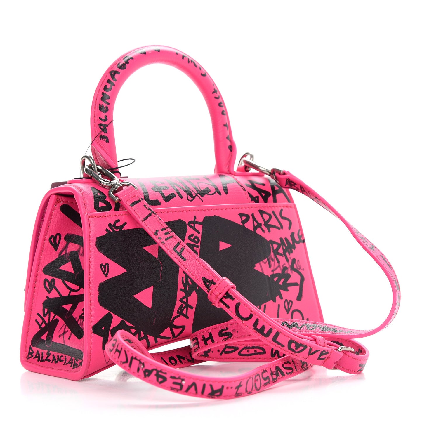 Smooth Calfskin Graffiti Hourglass Top Handle Bag XS Acid Fuchsia Black