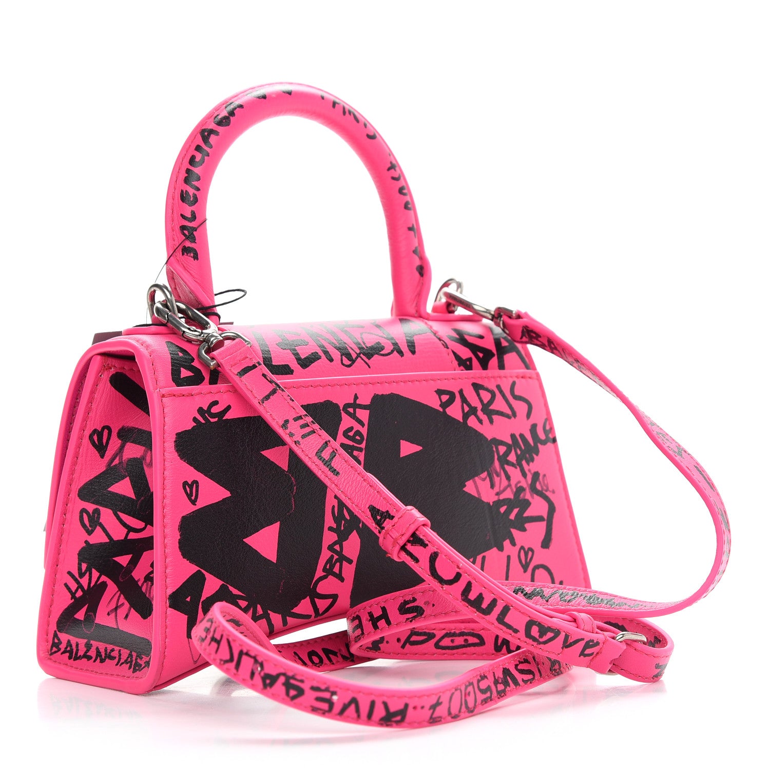 Balenciaga Smooth Calfskin Graffiti Hourglass Top Handle Bag XS Acid Fuchsia Black 3 of 9