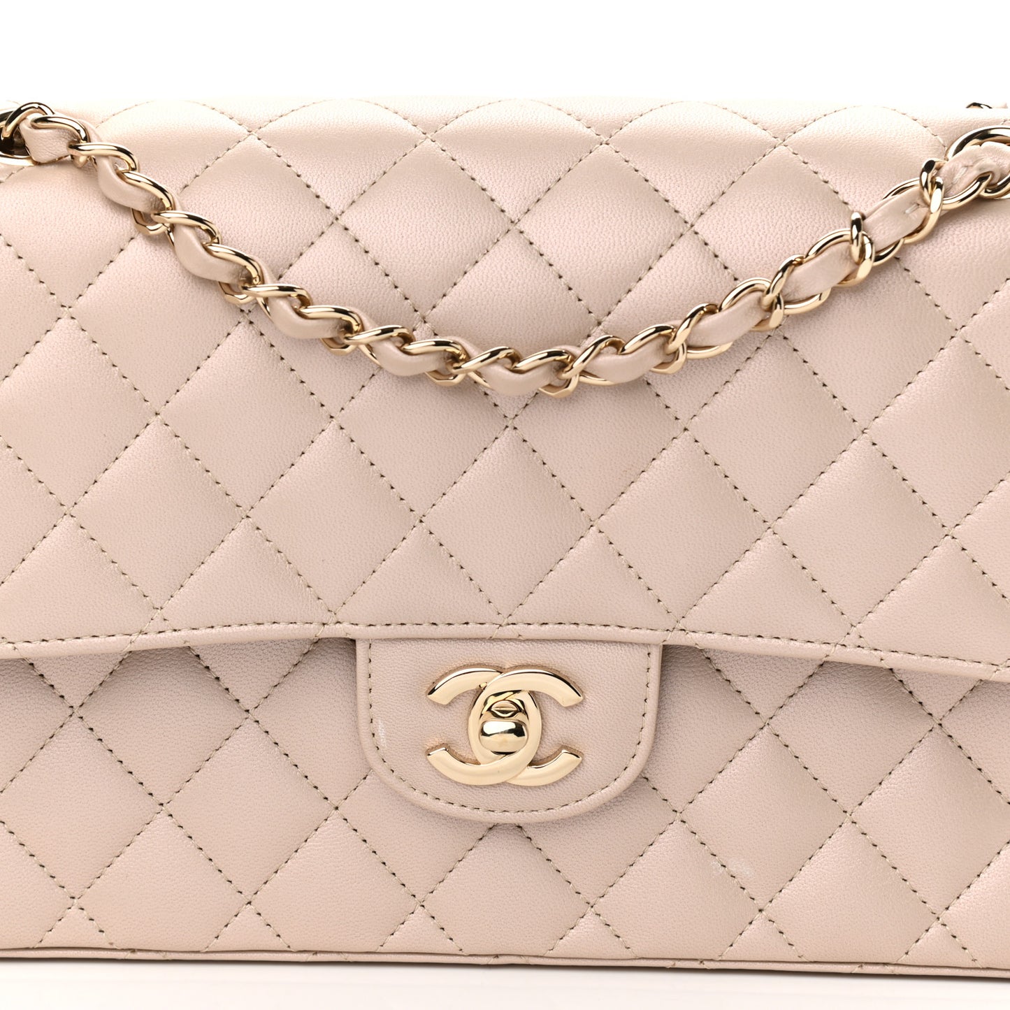 Iridescent Lambskin Quilted Medium Double Flap Beige