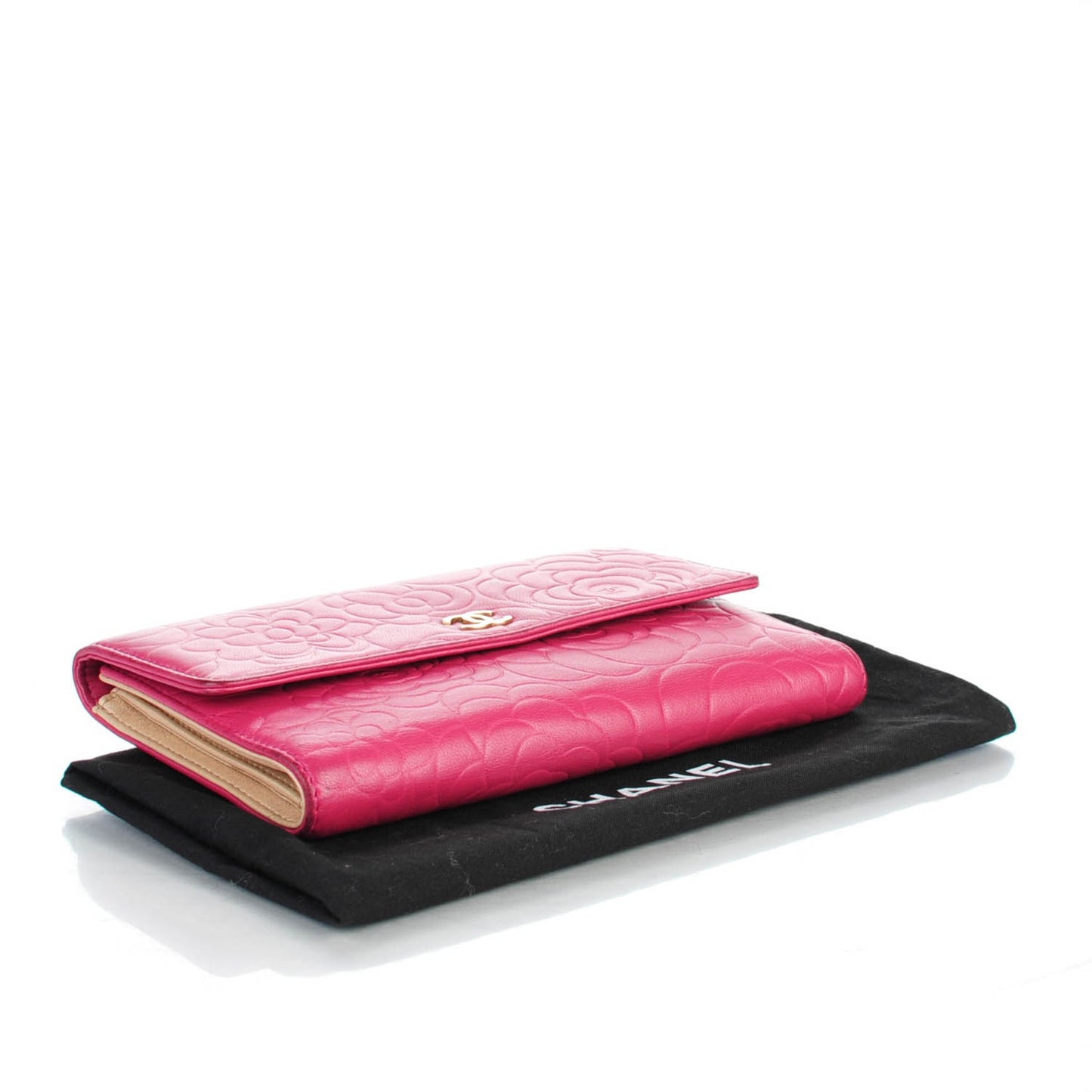 Lambskin Embossed Camellia Large Gusset Flap Wallet Pink