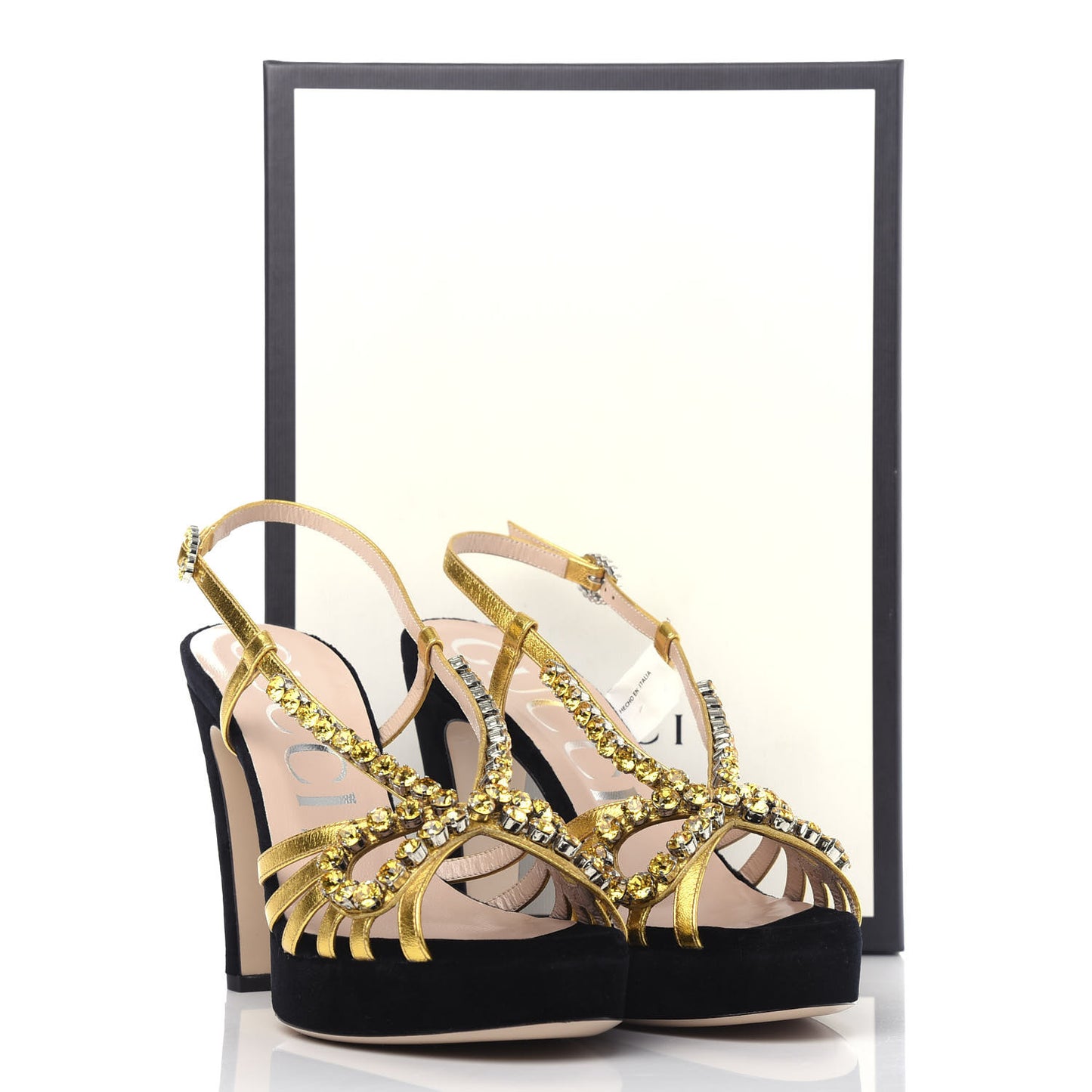 Velvet Nappa Crystal Zephyra Slingback Platform High Heel Sandals 39 Black Gold