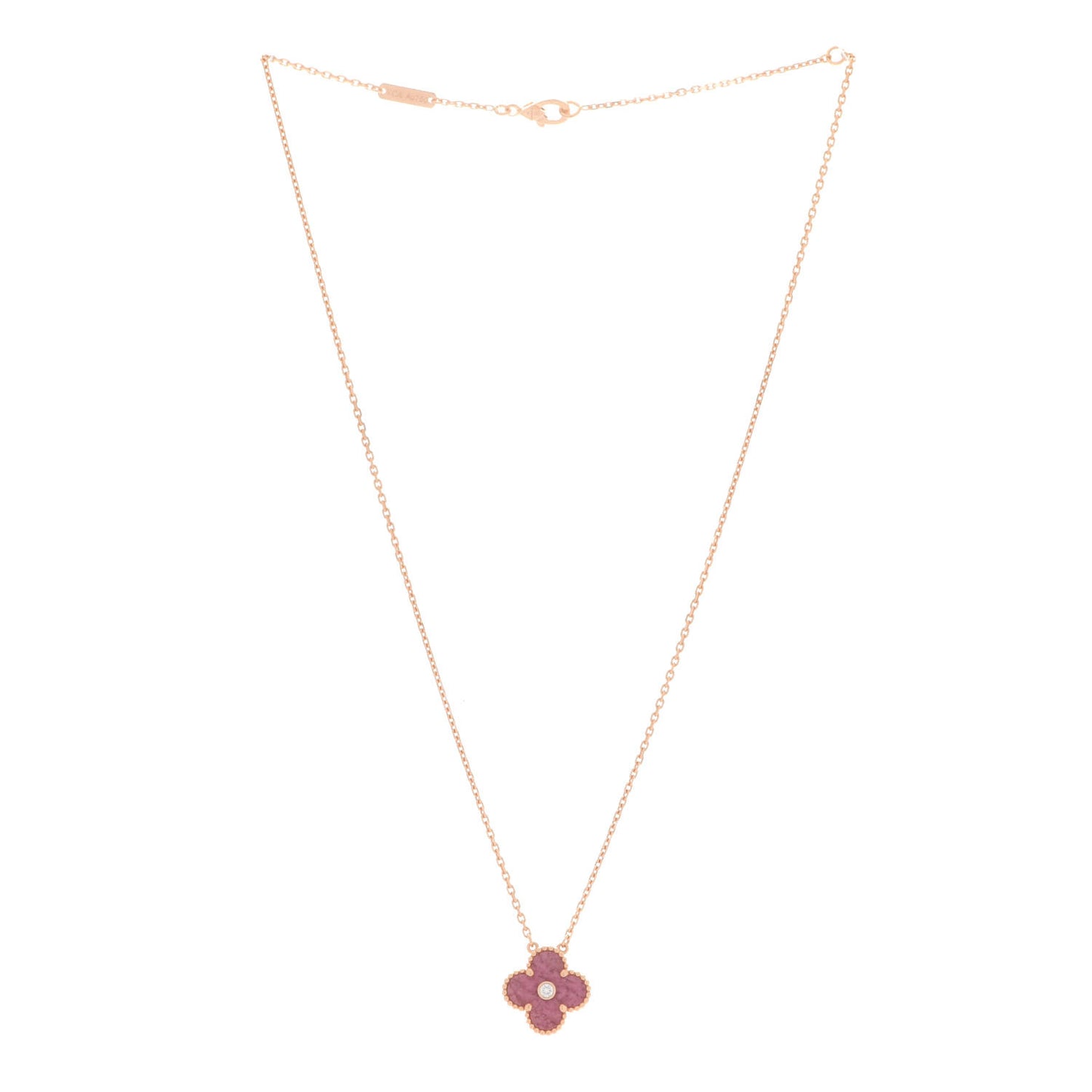 18K Rose Gold Diamond Rhodonite Vintage Alhambra Pendant Necklace