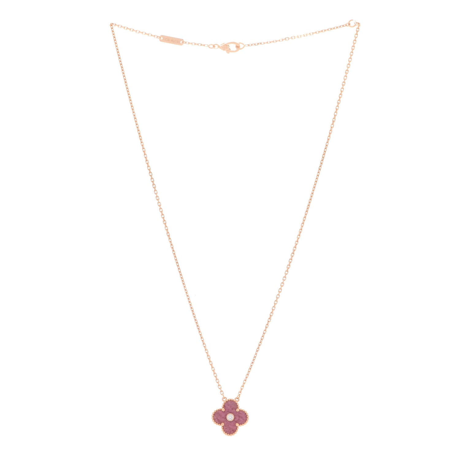 Van Cleef & Arpels 18K Rose Gold Diamond Rhodonite Vintage Alhambra Pendant Necklace 3 of 6