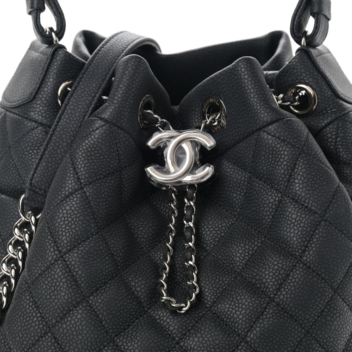 Chanel Caviar Flat Quilted CC Chain Bucket Drawstring Bag Black 8 of 10