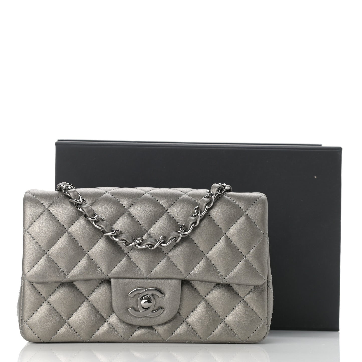 Metallic Calfskin Quilted Mini Rectangular Flap Ruthenium