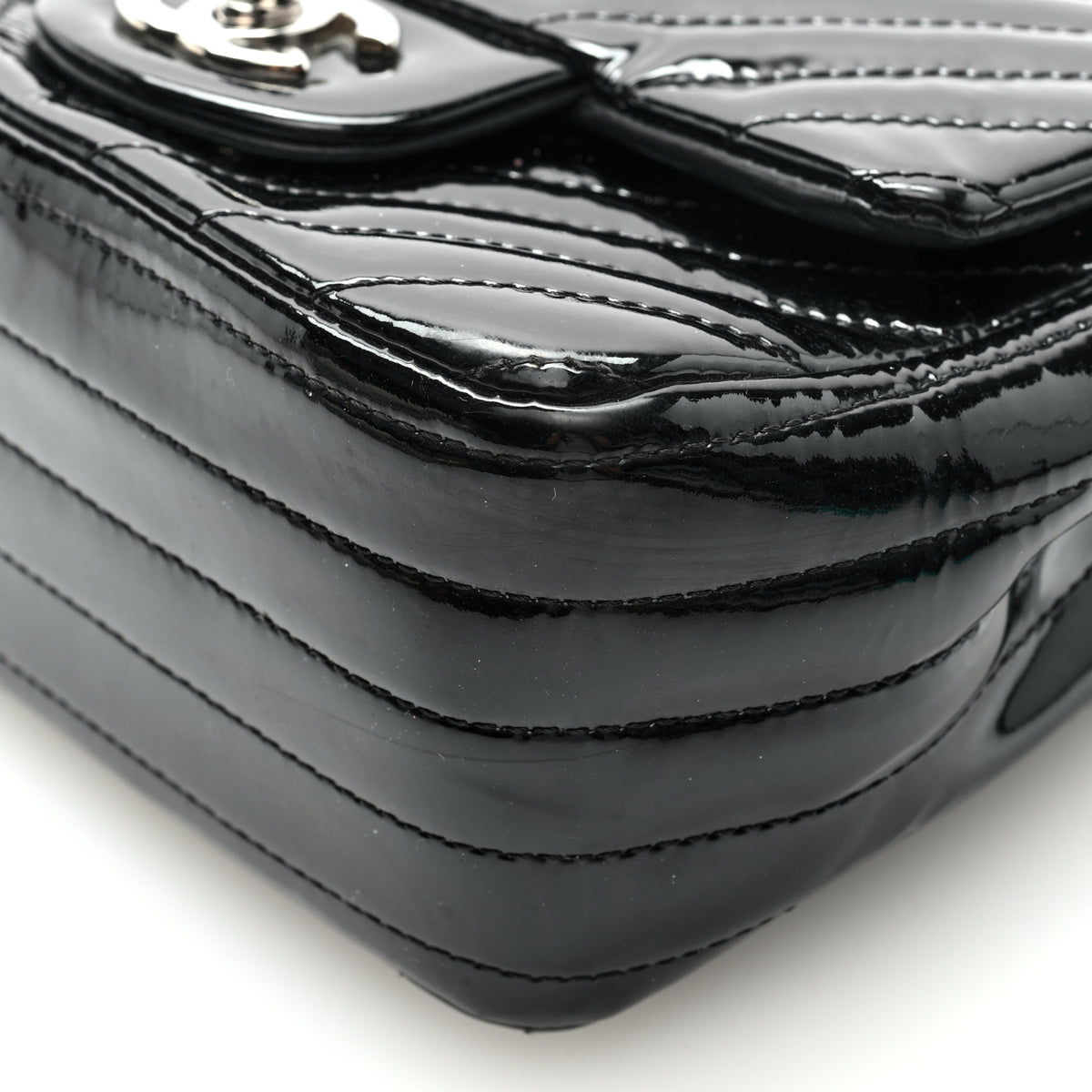 Patent Calfskin Chevron Quilted Mini Square Flap Black