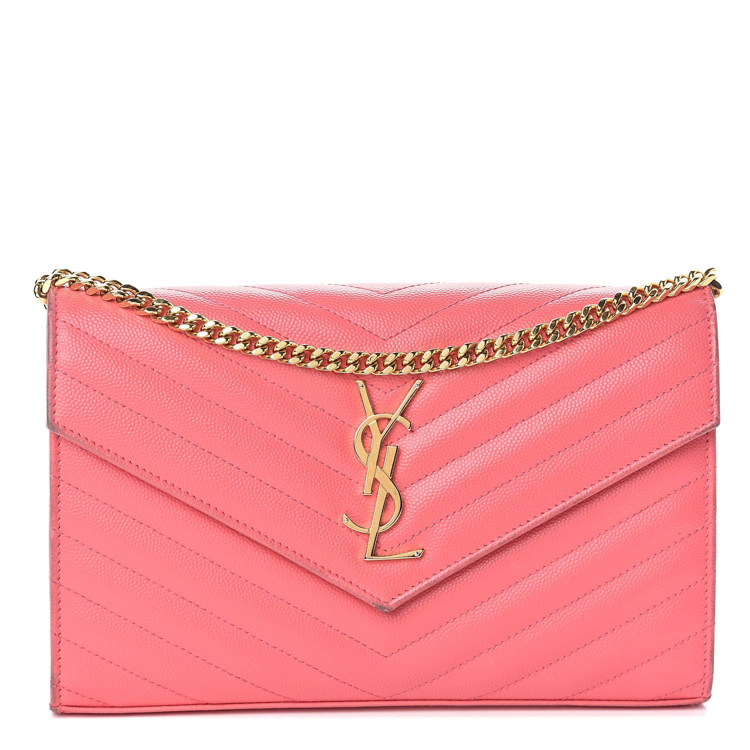 Saint Laurent Grain De Poudre Matelasse Chevron Monogram Chain Wallet Rose Clair 1 of 11