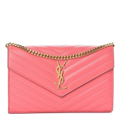 Saint Laurent Grain De Poudre Matelasse Chevron Monogram Chain Wallet Rose Clair 1 of 11