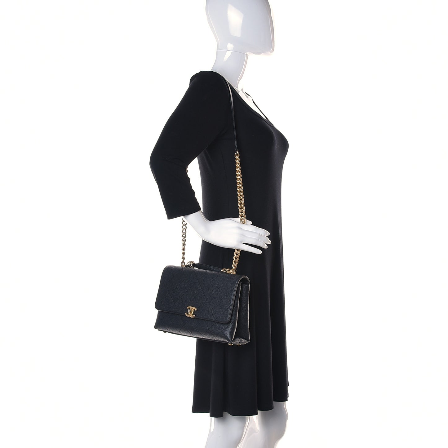 Grained Calfskin Small Stitched Flap Black