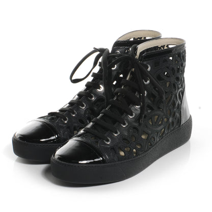 Chanel Patent Grained Goatskin Hollow Out Flower Sneakers 39 Black 3 of 6