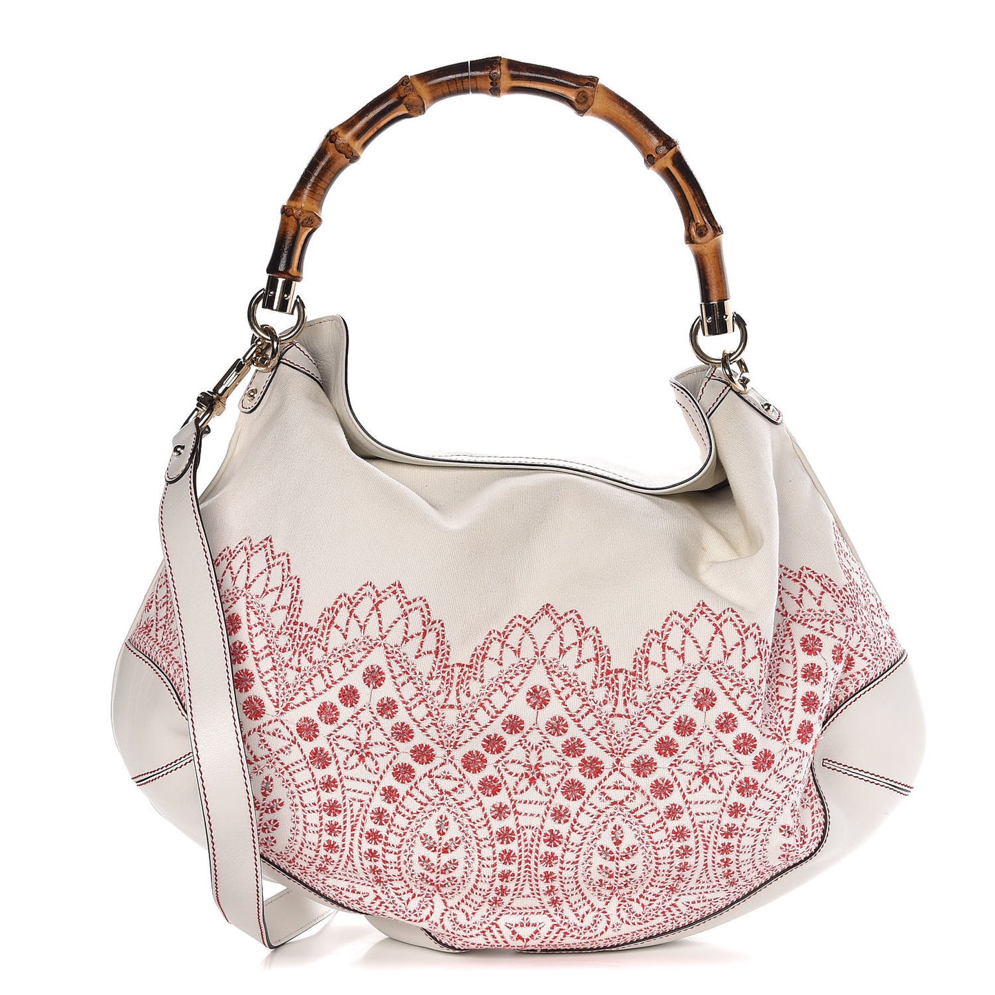 Canvas Embroidered Peggy Bamboo Top Handle Hobo White