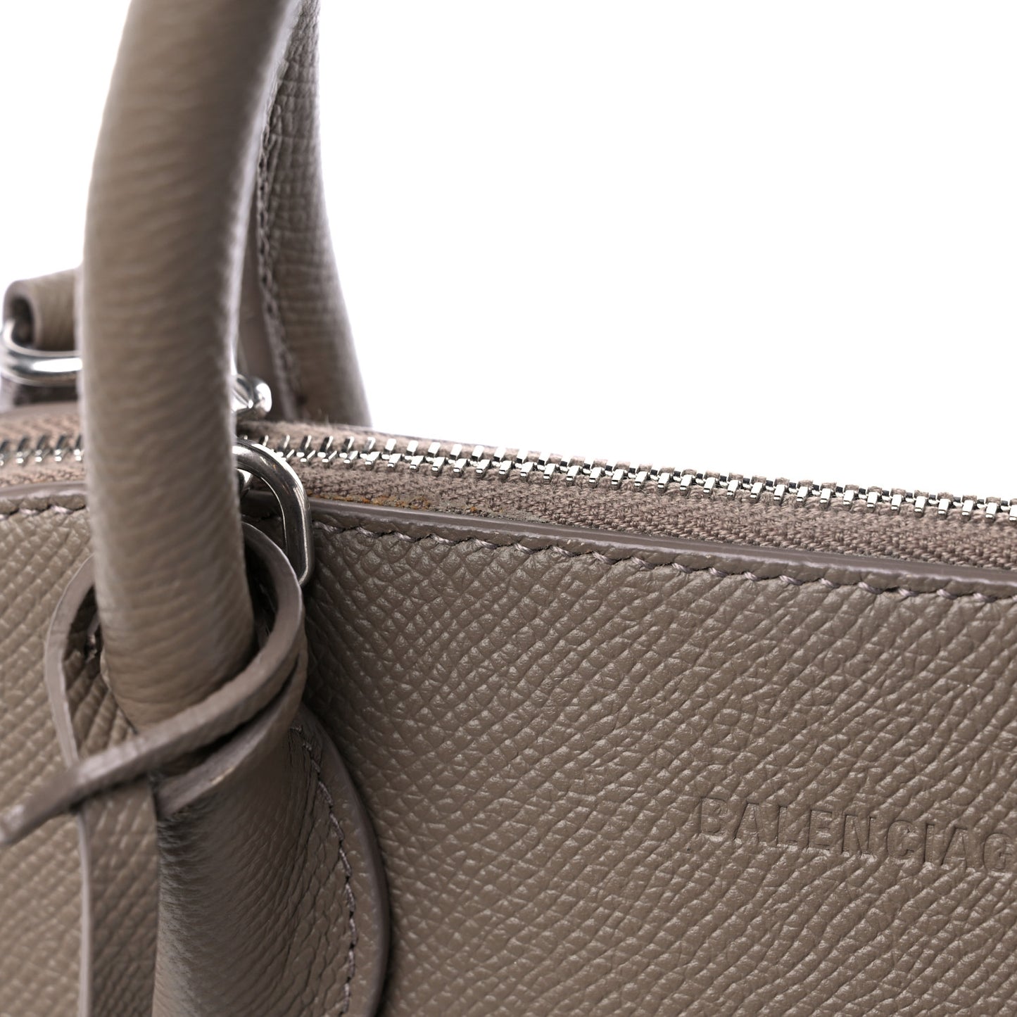 Signature Grained Calfskin Logo S Ville Top Handle Bag Mink Grey White