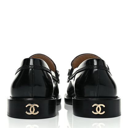 Chanel Shiny Calfskin Logo Loafers 37 Black 5 of 10