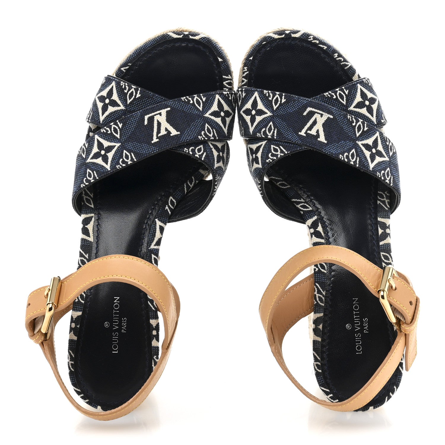 Louis Vuitton Jacquard Calfskin Since 1854 Boundary Wedge Sandals 36 Blue 2 of 11