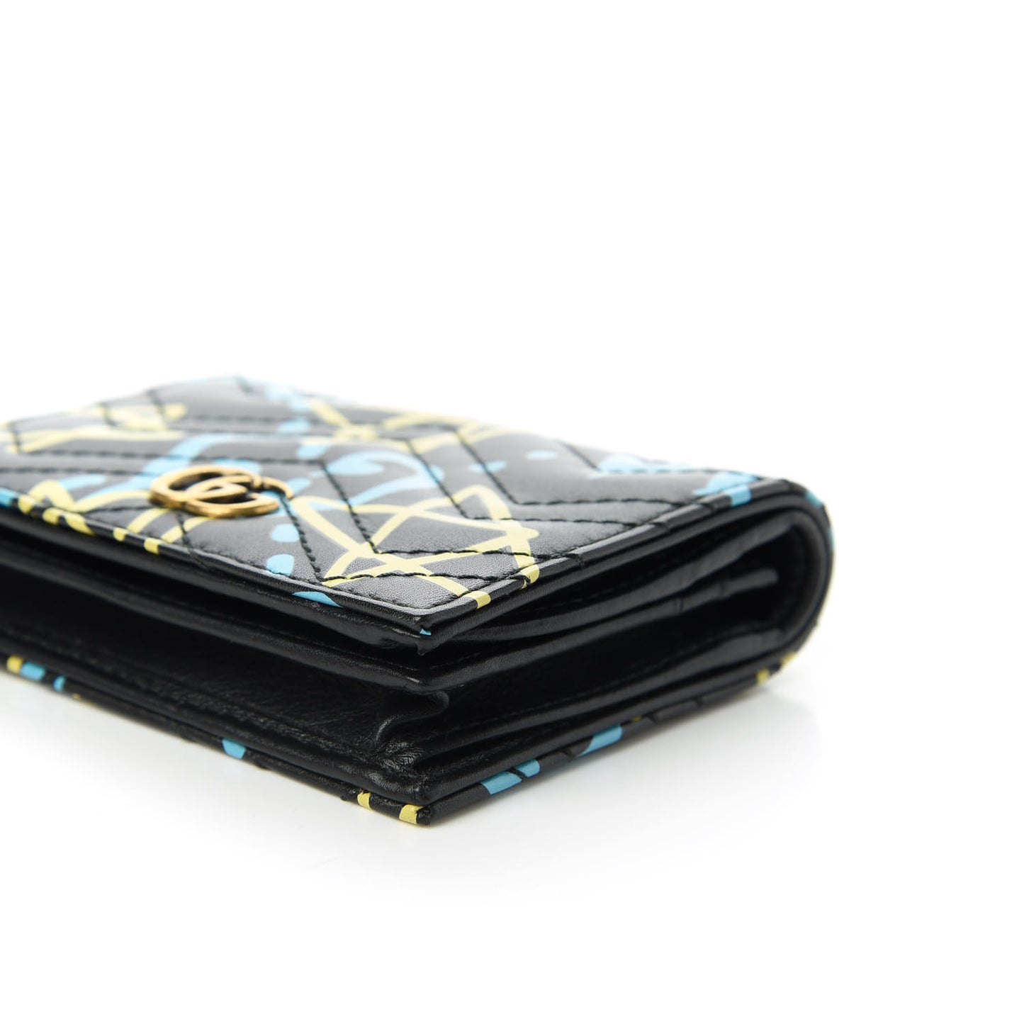 Calfskin Matelasse GucciGhost GG Marmont Card Case Wallet Black New Acquamarine