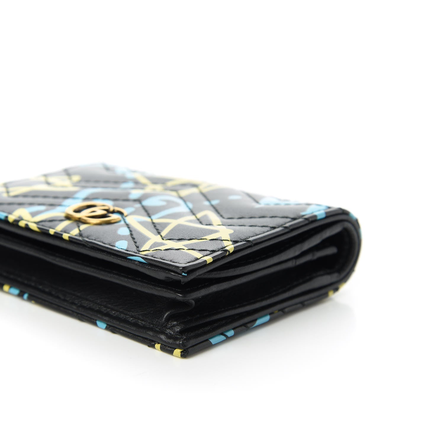 Gucci Calfskin Matelasse GucciGhost GG Marmont Card Case Wallet Black New Acquamarine 7 of 11