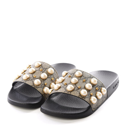 Gucci GG Supreme Monogram Pearls Slide Sandals 34 Beige 2 of 7