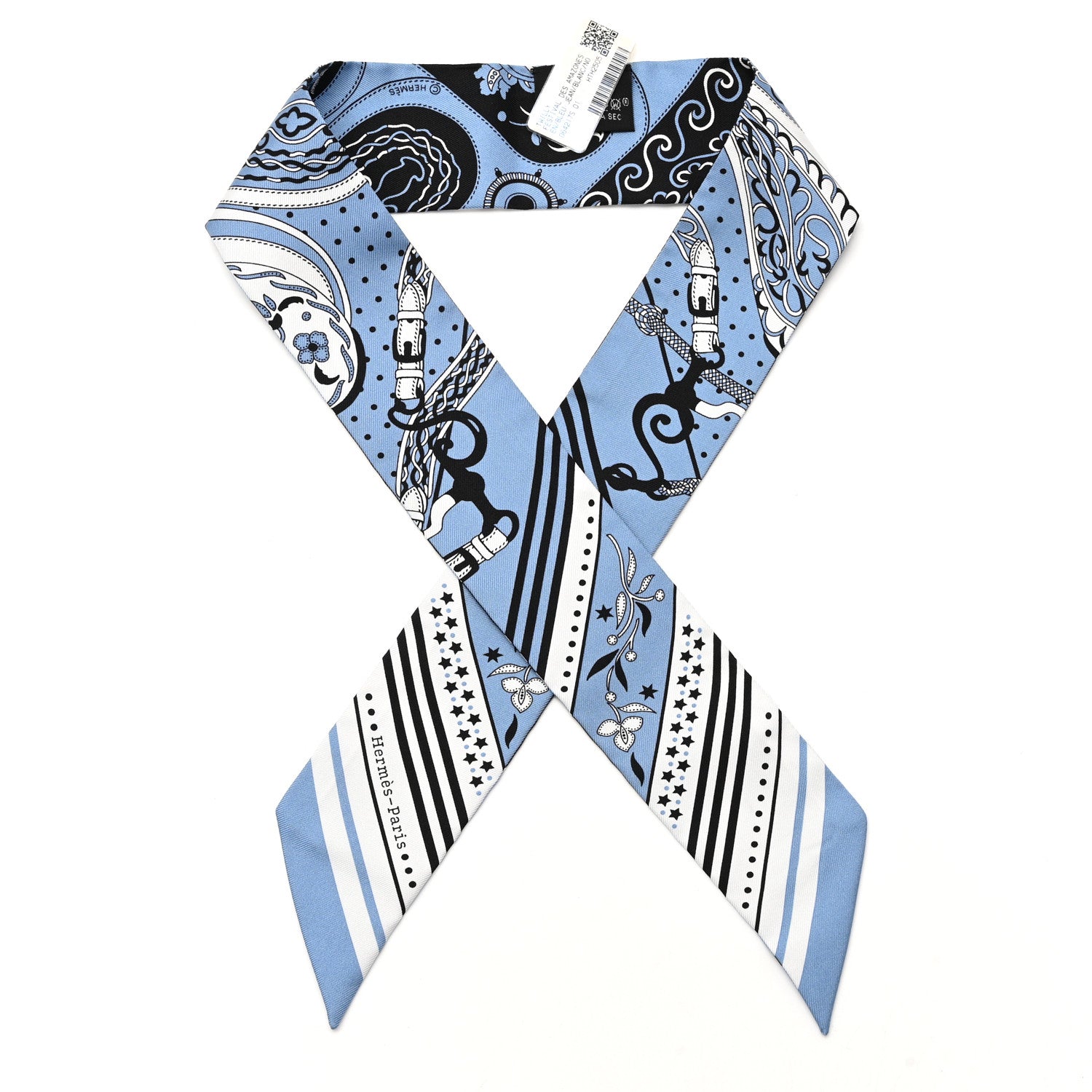 Hermes Silk Festival des Amazones Twilly Bleu Jean White Black