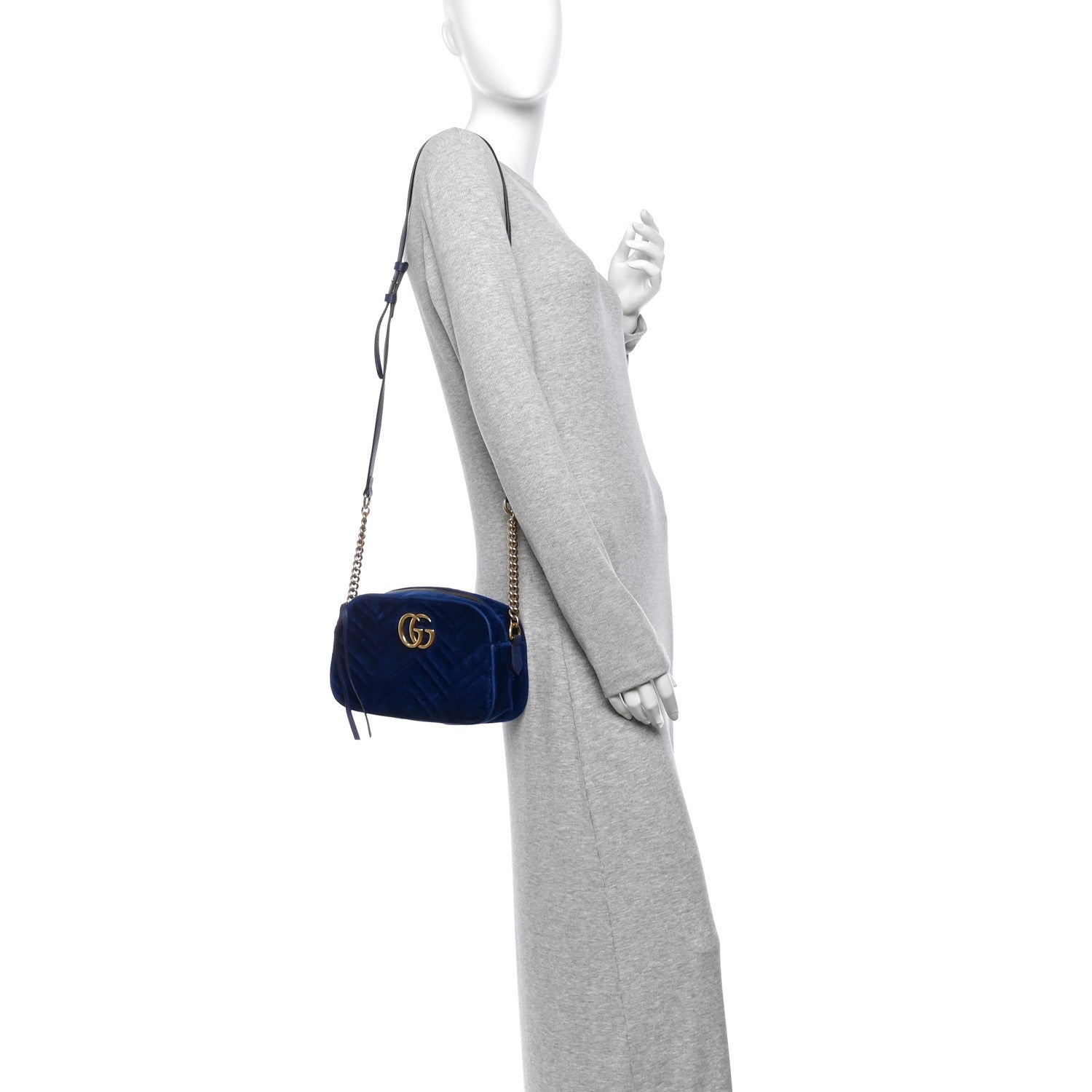 Gucci Velvet Matelasse Small GG Marmont Chain Shoulder Bag Cobalt 2 of 12